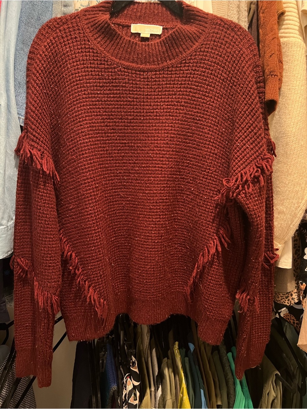 MICHAEL Michael Kors Fringe Detail Crewneck Sweater - Burgundy